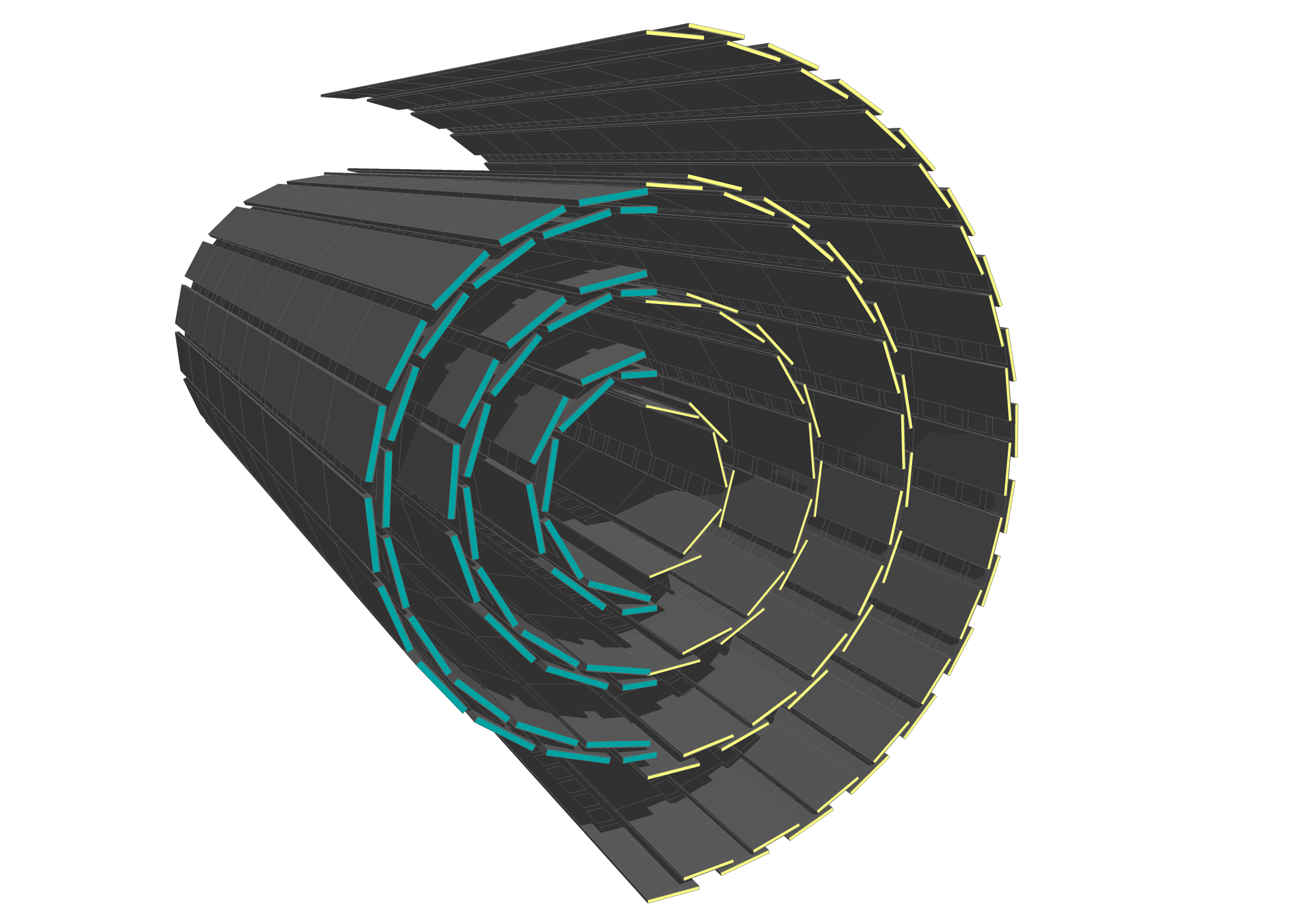 Transverse-oblique view comparing the pixel barrel layers in the existing detector (left half) and the upgraded version (right).