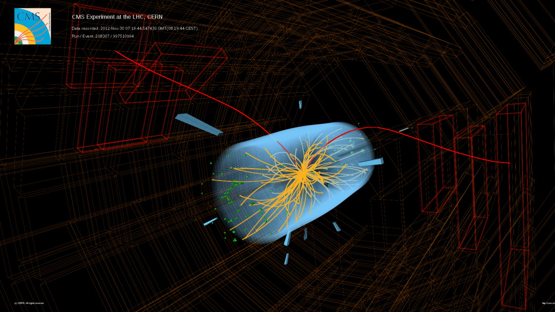 Image 1: A candidate B<sub>s</sub> &rarr; &mu;&mu; event recorded in the CMS detector in 2012, produced in proton-proton collisions at 8 TeV. (Ultra-high-resolution image below, Image 5.)