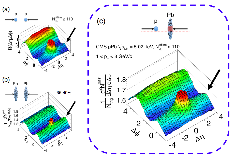 Figure 1: Two-particle correlation functions for 7 TeV pp (a), 2.76 TeV PbPb (b), and 5.02 TeV pPb (c) collisions. The arrow shows the long-range correlations at small Δφ.