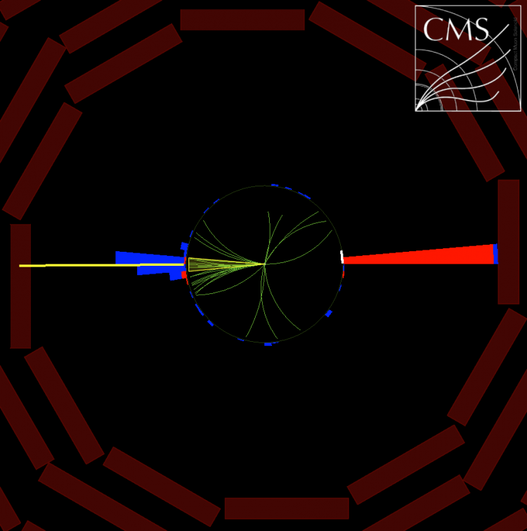 CMS data events with one triggering photon (the photon energy deposit in the calorimeter appears in red) and large cone jet (built by combining deposits in the HCAL shown in blue, and tracks in the central silicon pixel and strip detectors, reconstructed as thin yellow curved lines). This event is consistent with the signature expected of a Z’ produced with an initial state photon  