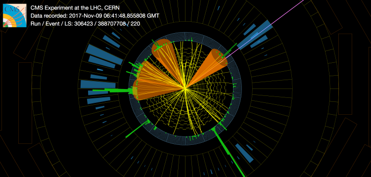 A display of a collision recorded by the CMS experiment in 2017 which shows a signature compatible with that expected for a signal event in this analysis. The purple line represents the direction of the missing energy and the high green tower on the bottom-right of the view is the photon in the event. The photon arrived at the ECAL 1.91 ns after the proton-proton collision in the LHC occurred.