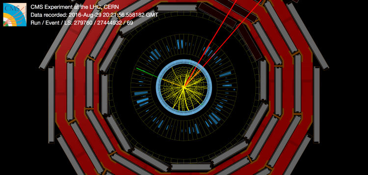 An event featuring a muon-antimuon pair (red), a photon (green), and large missing transverse momentum. The invariant mass of the muon-antimuon system is close to the known mass of the Z boson. It is however impossible to tell exactly which process gave rise to the photon and the missing momentum.