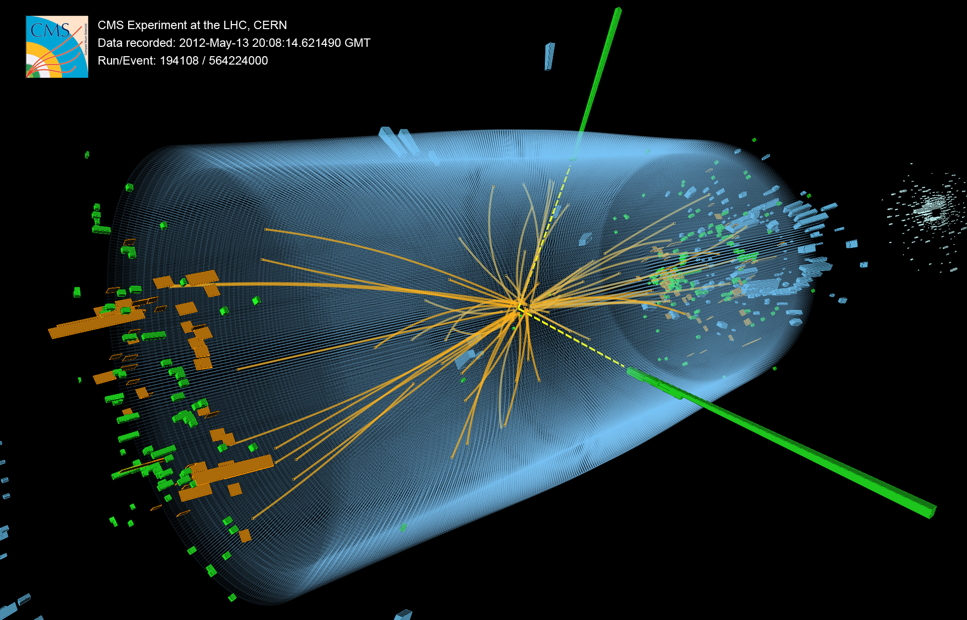 HIG-13-001 Event 1: Event recorded with the CMS detector in 2012 at a proton-proton centre-of-mass energy of 8&nbsp;TeV. The event shows characteristics expected from the decay of the SM Higgs boson to a pair of photons (dashed yellow lines and green towers). The event could also be due to known Standard Model background processes.