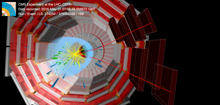 An event display of a Bs ⟶ μ+μ- candidate in Run 2 data. The two curved red lines correspond to the two muons from the decay. 