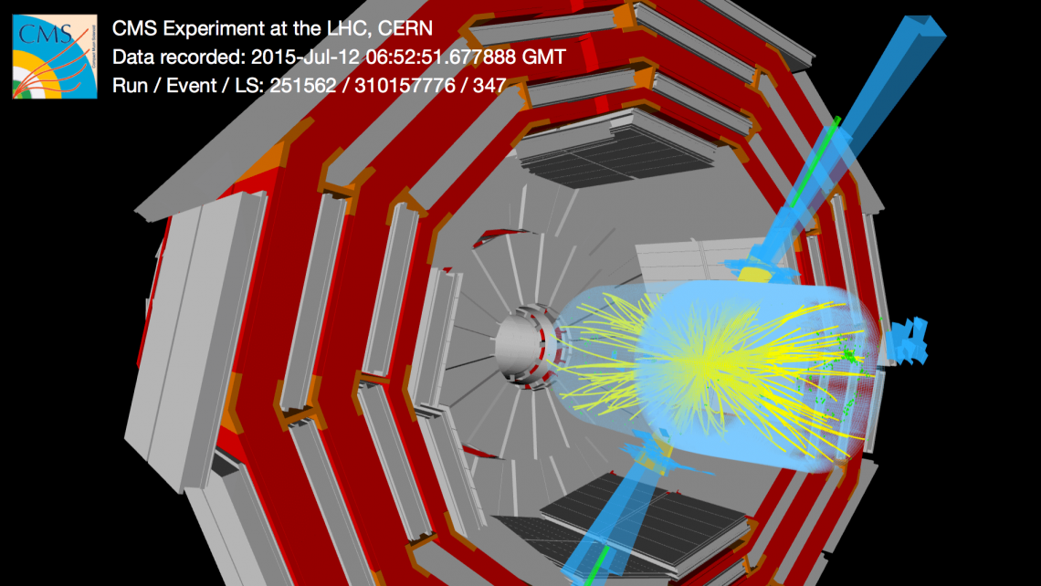 A 13TeV collision recorded by the CMS detector showing two high-energy particle jets with a collective mass of 5 TeV. Image: Thomas McCauley and Tai Sakuma