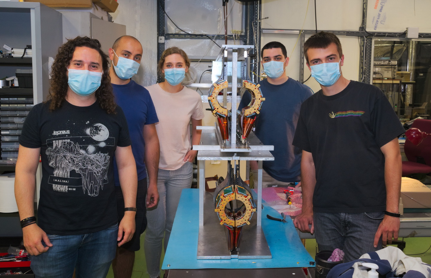 Left to right: Andres Delannoy, Francesco Romeo, Joanna Wanczyk, Brandon Soubasis, Stefanos Tsoukias with the finalized BRIL subsystems