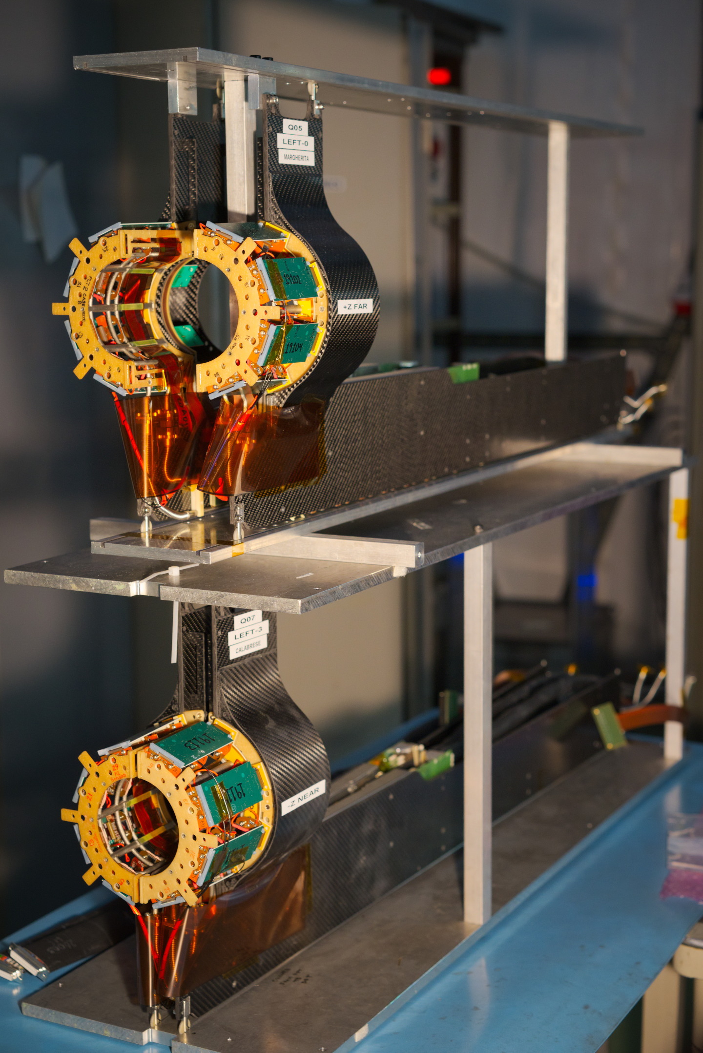 Finalized BRIL subsystems, where the PLT is enclosed in the yellow structure with BCM1F directly behind it. Two green BCM1L modules are visible for the top left quadrant. Credits: A.G. Delannoy