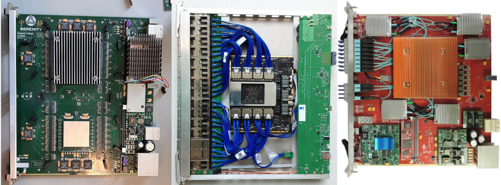 Processing boards currently under development for the Phase-2 Level-1 Trigger upgrade project. These prototypes feature large Xilinx FPGAs hosting the trigger algorithms and more than 100 Input/Output high-speed optical links (28 Gb/s) for receiving/transmitting the data. From left to right: Serenity, X2O and APx boards.  Credits: Michalis Bachtis 