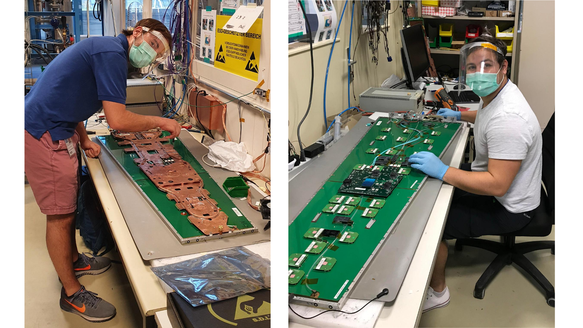 Brendan Regnery and Johny Jaramillo testing the communication of each component of the front-end electronics during QC7