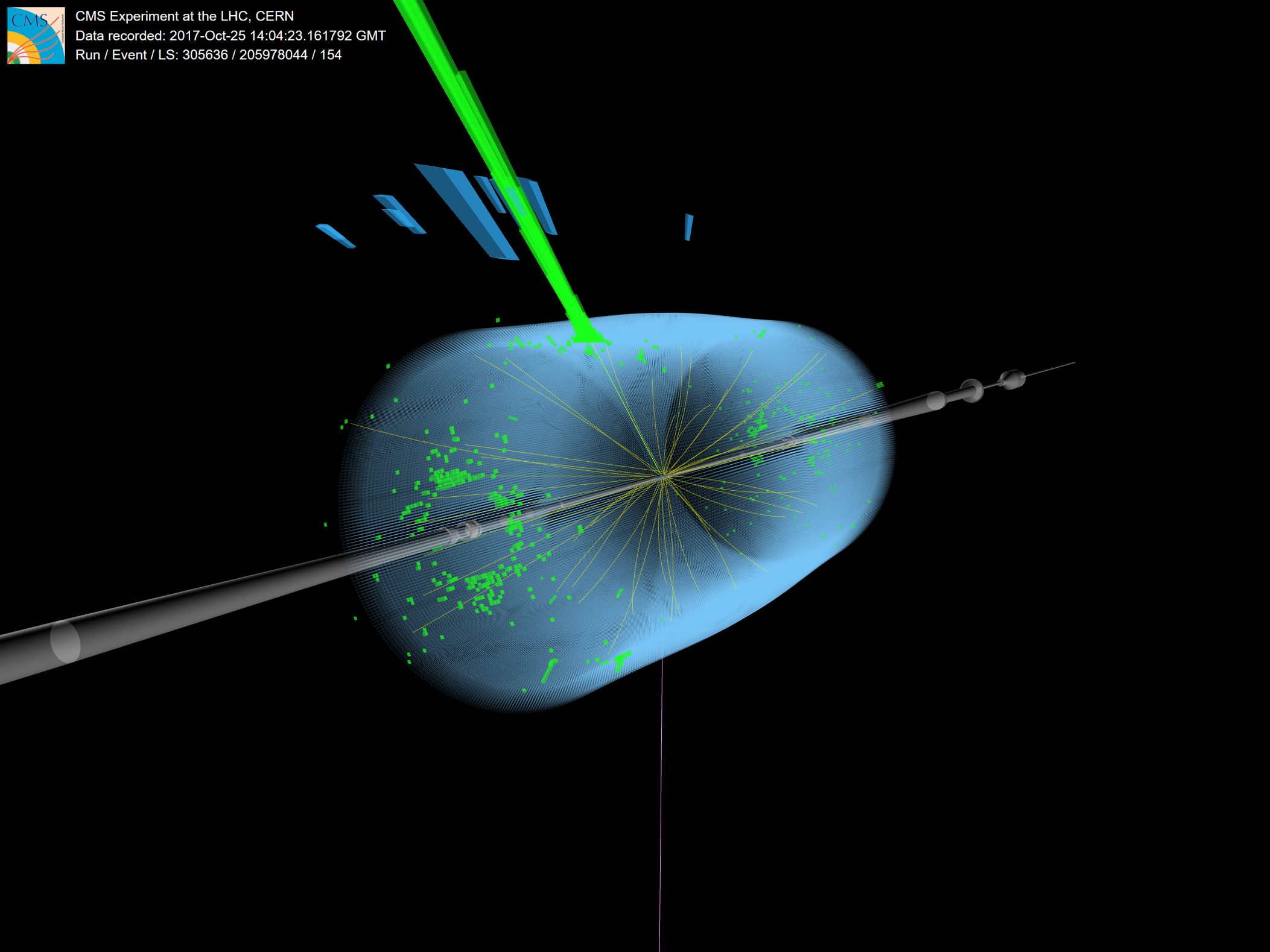 Event display with an electron. This is the highest MT lepton+MET event recorded by CMS in Run 2