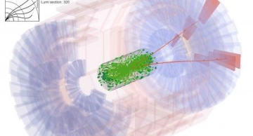 Candidate di-muon event from the CMS experiment in the B<sub>s</sub> meson mass window. The pair of muons are drawn as red lines extending from the particle collision.