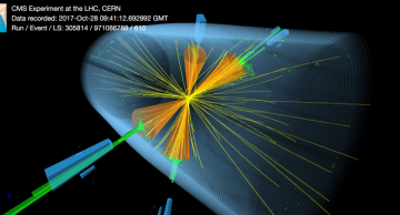 Three-dimensional display of the event with the second highest dijet invariant mass at 8 TeV. The display shows the energy deposited in the electromagnetic (green) and hadronic (blue) calorimeters and the reconstructed tracks of charged particles (yellow).