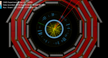 An event featuring a muon-antimuon pair (red), a photon (green), and large missing transverse momentum. The invariant mass of the muon-antimuon system is close to the known mass of the Z boson. It is however impossible to tell exactly which process gave rise to the photon and the missing momentum.