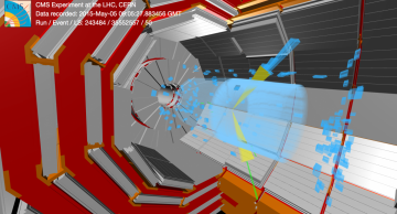 This di-jet event produced from proton-proton collisions was detected in the CMS detector. The green bars represent the energy deposited in the electromagnetic calorimeter and the blue ones represent the energy in the hadron calorimeter. The total energy is approximately 30 GeV in each jet. Click on image for high-resolution version. (Image: Tom McCauley / Tai Sakuma)